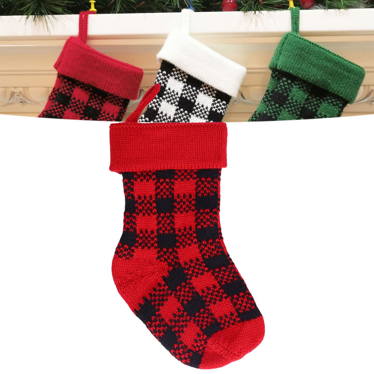 Mini Knitting Christmas Stocking Acrylic Fiber Xmas Tree Hanging Pendant Ornament Home Party Decoration(Red Black )