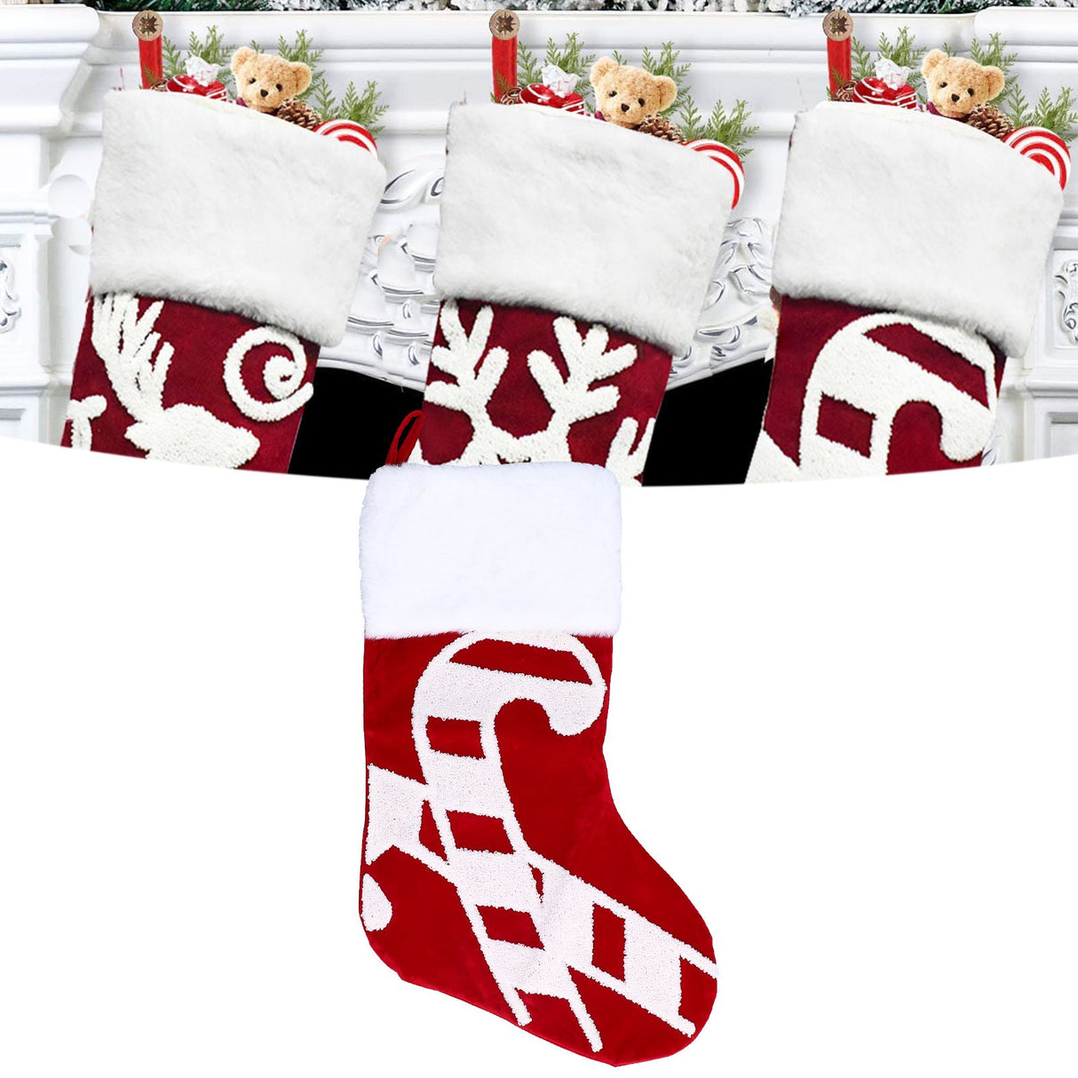 Cute Christmas Stocking Christmas Tree Ornament Gift Bag Christmas Fireplace Pendant for Festival DecorationWalking Stick