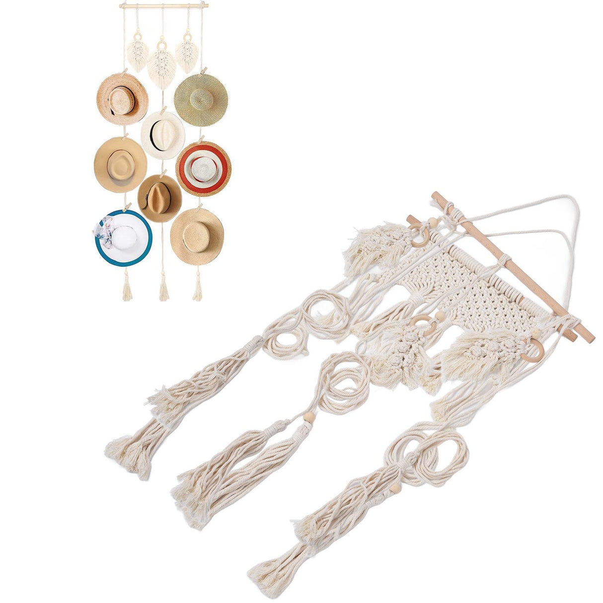 Boho Hat Wall Hanging Rack Cotton Rope Woven Bohemian Caps Holder for Home Office StudioType D