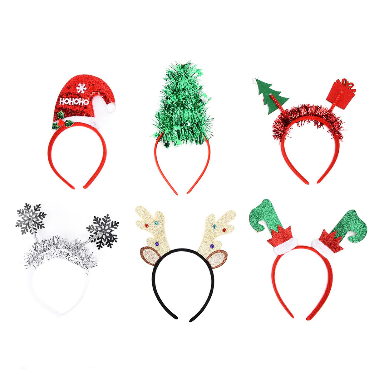 6Pcs Christmas Headband Christmas Tree Reindeer Snowflake Santa Hat Holiday Party Headgear for Christmas Party