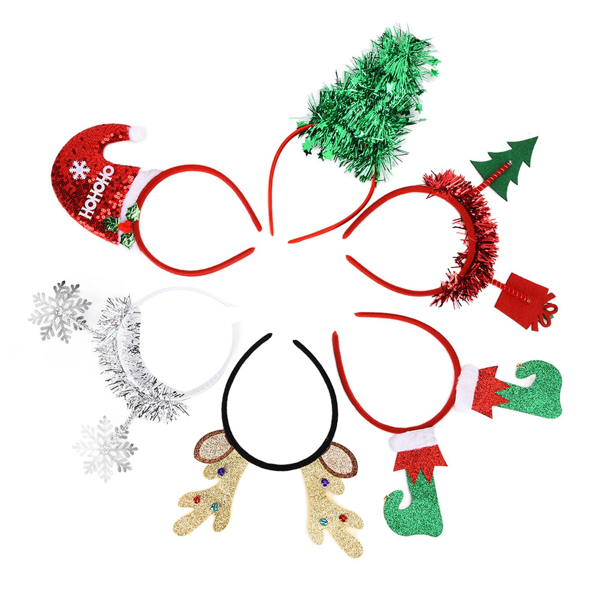 6Pcs Christmas Headband Christmas Tree Reindeer Snowflake Santa Hat Holiday Party Headgear for Christmas Party