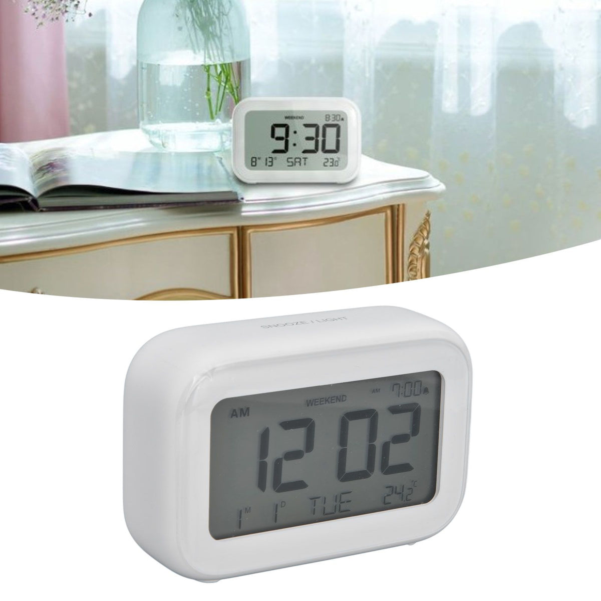 Mini Digital Alarm Clock with LCD Screen Snooze Function 12H 24H Formats for Bedroom Travel Office White