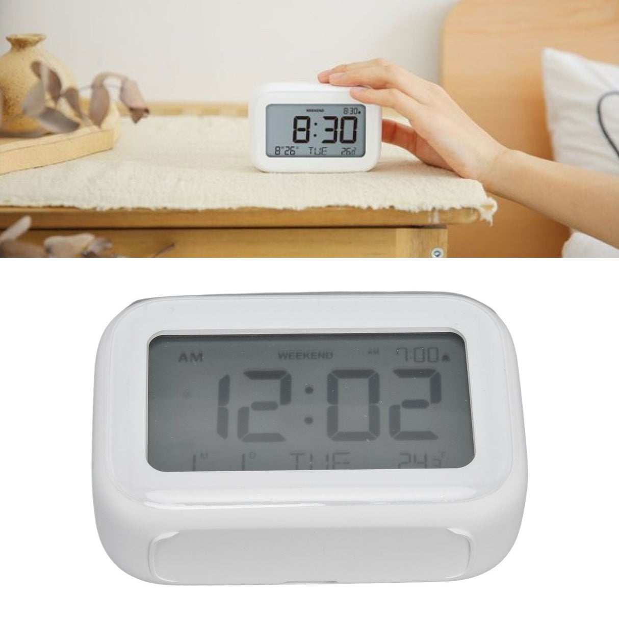 Mini Digital Alarm Clock with LCD Screen Snooze Function 12H 24H Formats for Bedroom Travel Office White