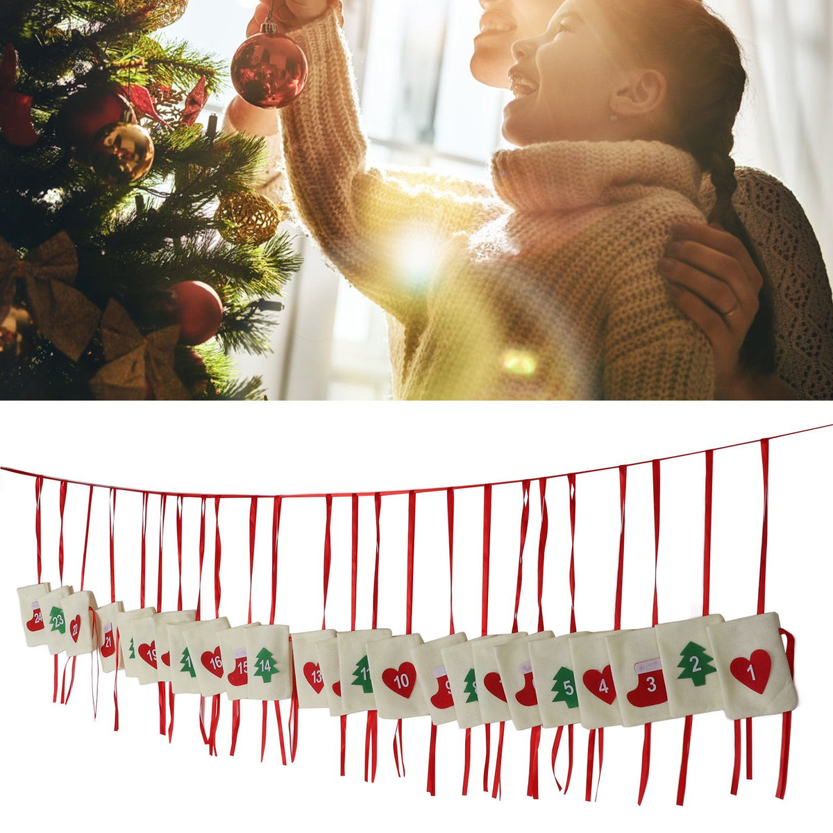 Christmas Advent Calendar Bags Hanging 24 Days Countdown Calendar Pocket for Party Celebration Decoration