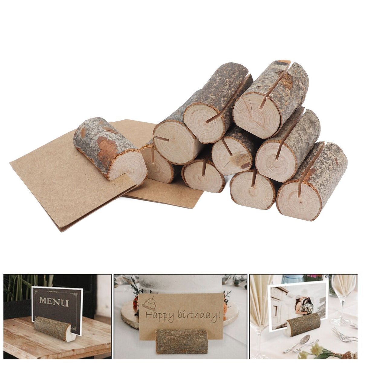 10pcs Wood Memo Holder Circular Decorative Desktop Wooden Photo Stand with Kraft Paper Cards for Weddings Home