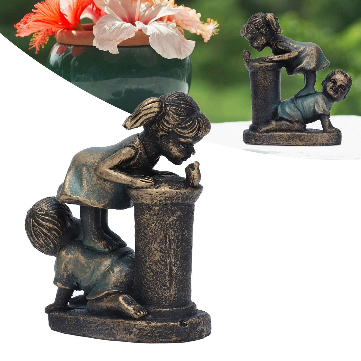 Girl Boy Drink Water Statue Garden Sculpture Resin Courtyard Ornament for Indoor Outdoor Decoration