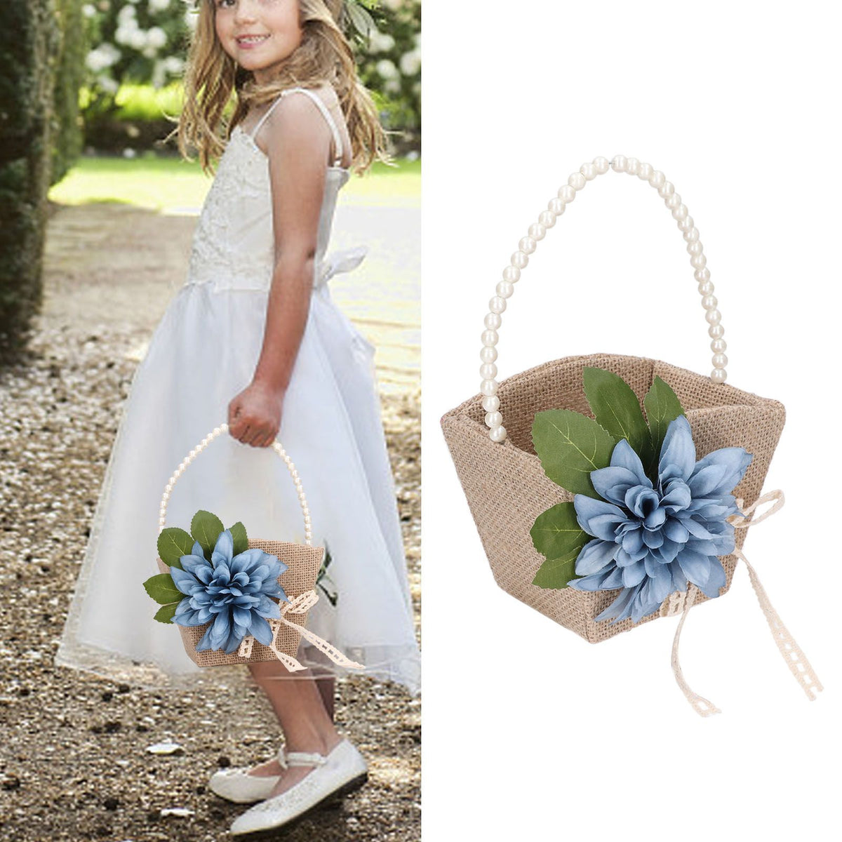 Flower Girl Basket Retro Linen Lovely Appearance Pearl Handle Light Weight Pearl Portable Flower Basket for WeddingsNumber 1
