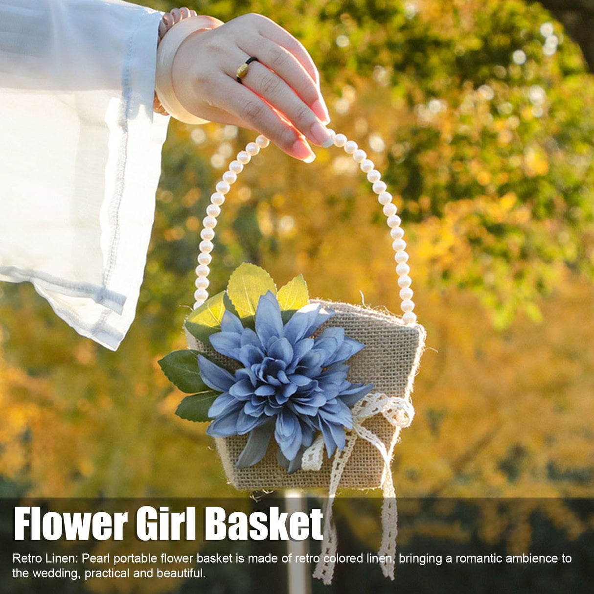 Flower Girl Basket Retro Linen Lovely Appearance Pearl Handle Light Weight Pearl Portable Flower Basket for WeddingsNumber 1