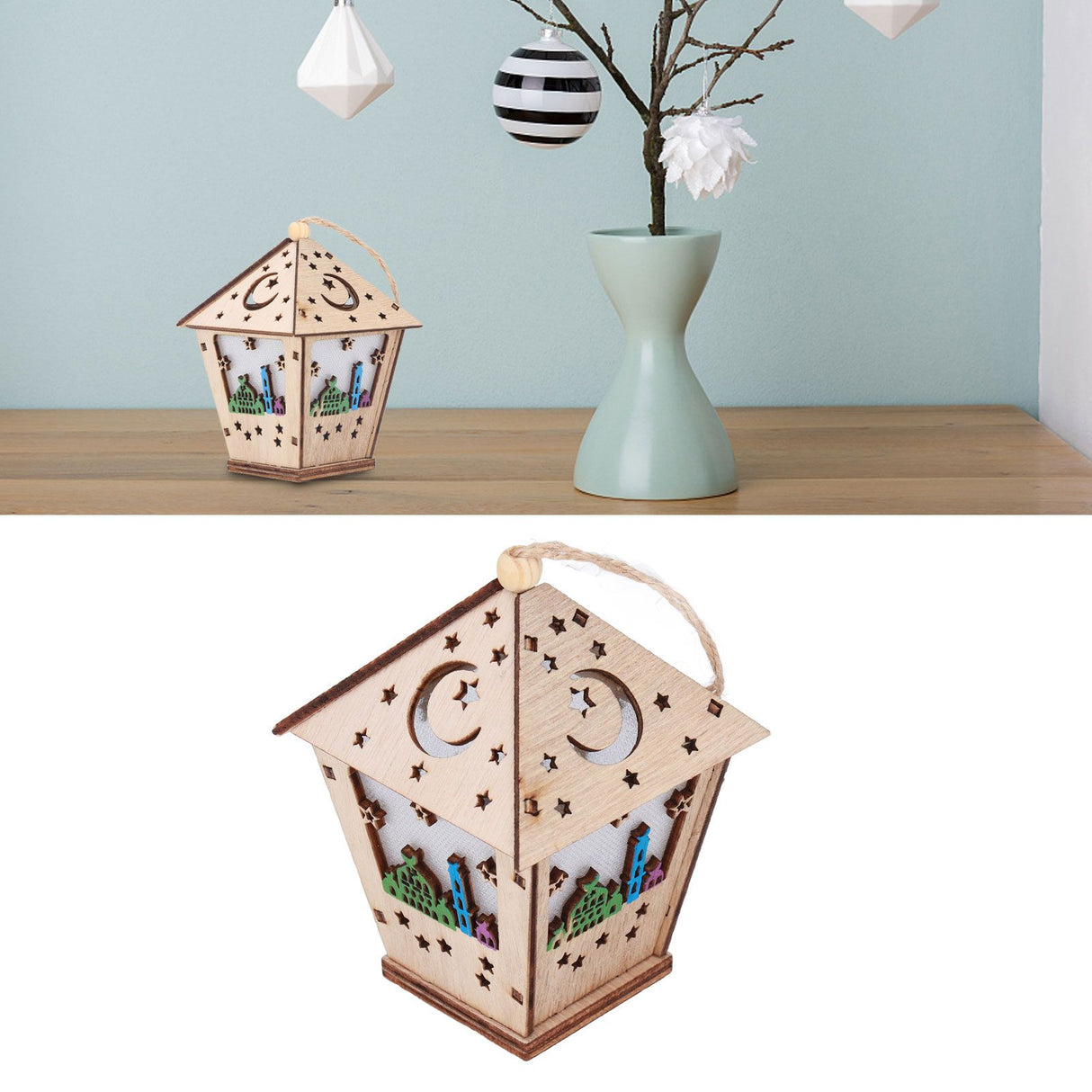 Ramadan Lamp Three Dimensional House Shape Unique Design Hanging Light Wooden Decorative Lamp Crafts Ornaments