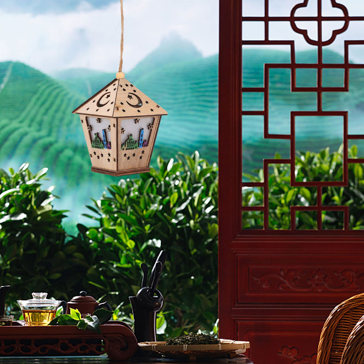 Ramadan Lamp Three Dimensional House Shape Unique Design Hanging Light Wooden Decorative Lamp Crafts Ornaments