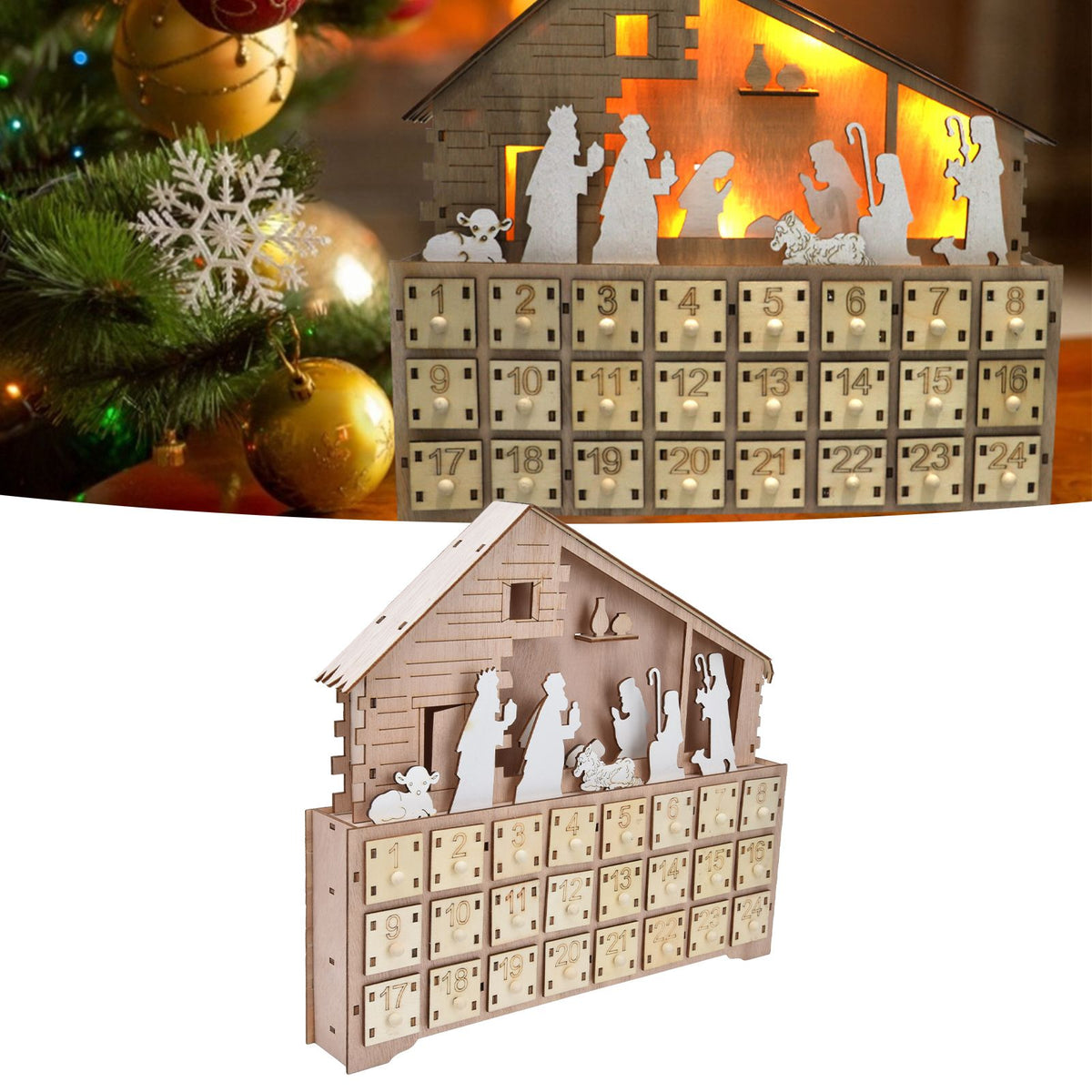 LED Light Calendar Wooden Desk Calendar Christmas Advent Calendar Ornament for Holiday Decoration