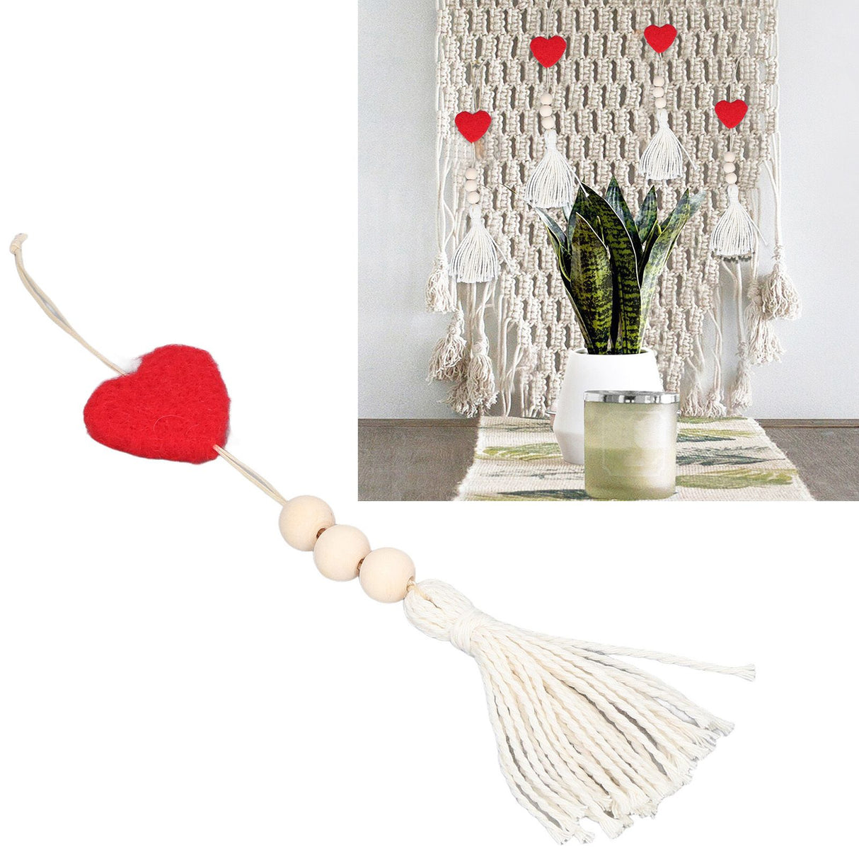 5Pcs Tassel Pendant Heart Design Light Weight Bohemian Tassel Cute Keychains for Home Car Wall Decoration GiftsRed