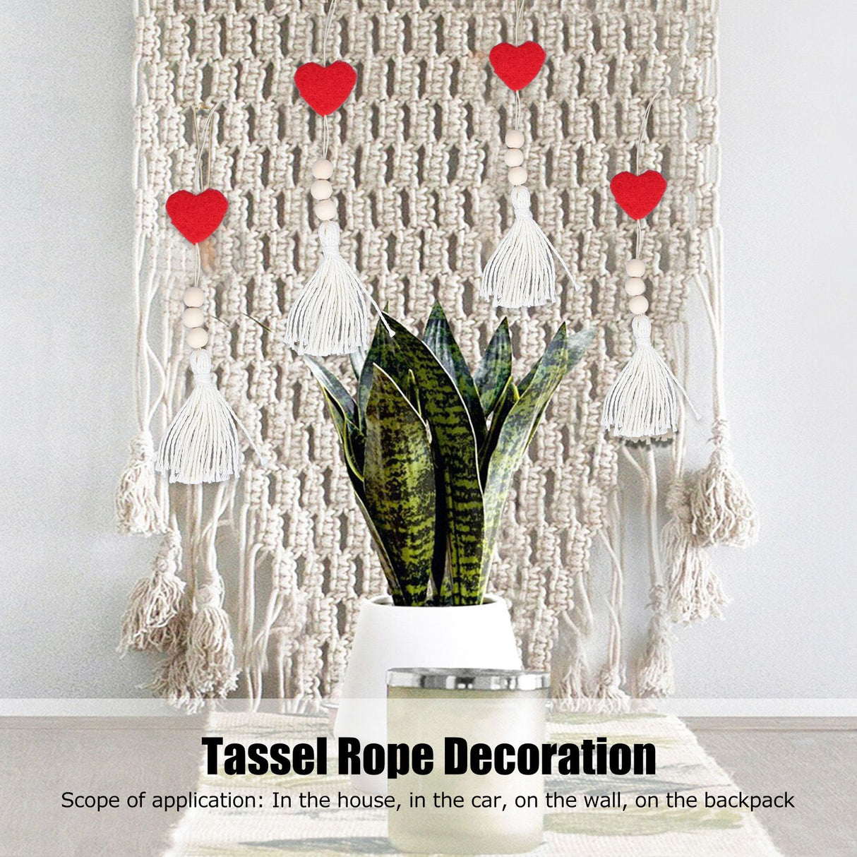 5Pcs Tassel Pendant Heart Design Light Weight Bohemian Tassel Cute Keychains for Home Car Wall Decoration GiftsRed