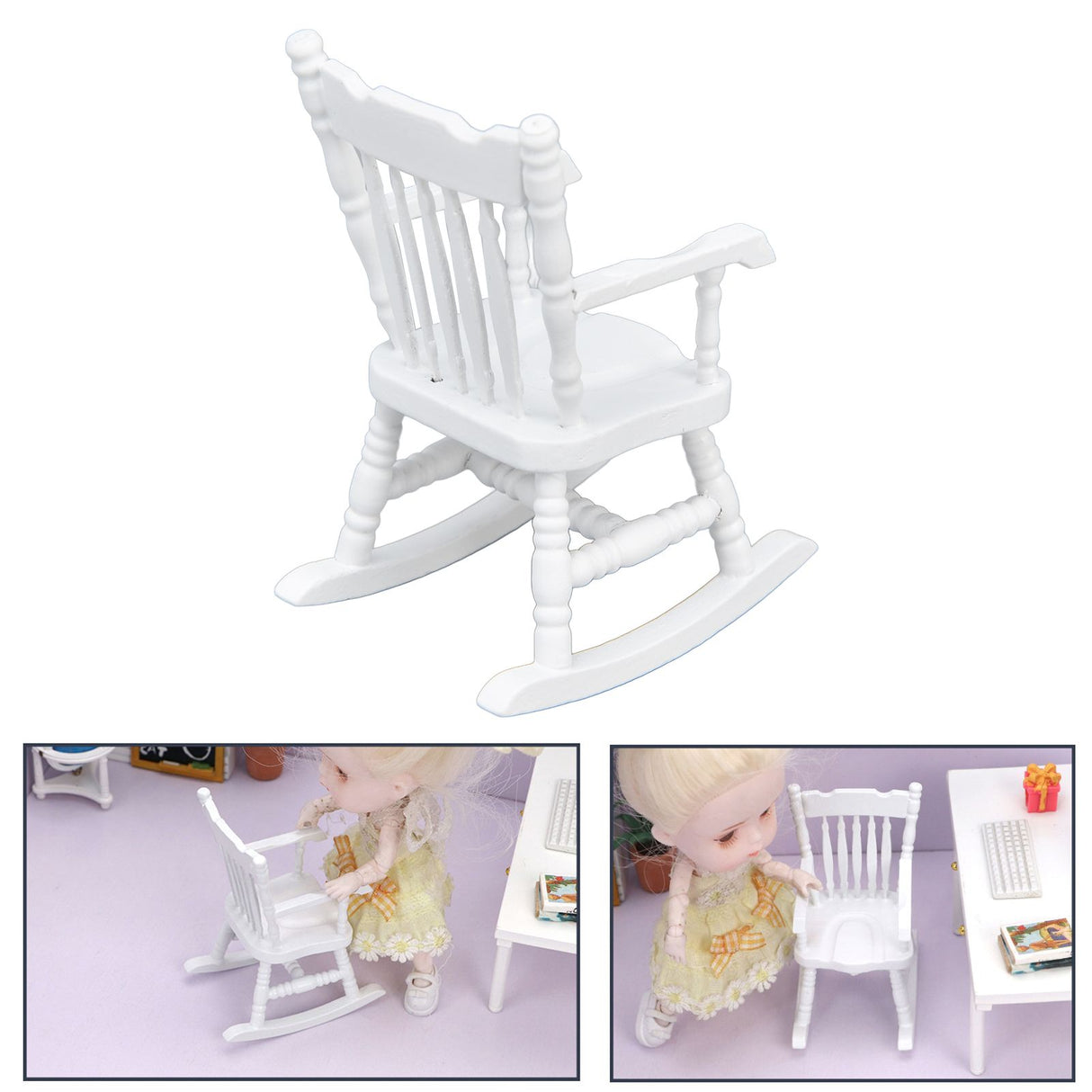 1:12 Dollhouse Chair Wood Doll House Miniature Rocking Chair White Mini Dollhouse Furniture
