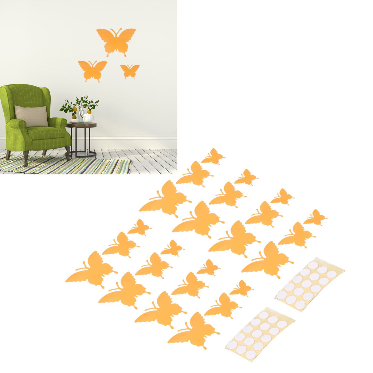 2set Luminous Stickers PVC Material 3D Stereoscopic Insect Patterns Easy Detachable Orange 3 Size Wall Decal for Room