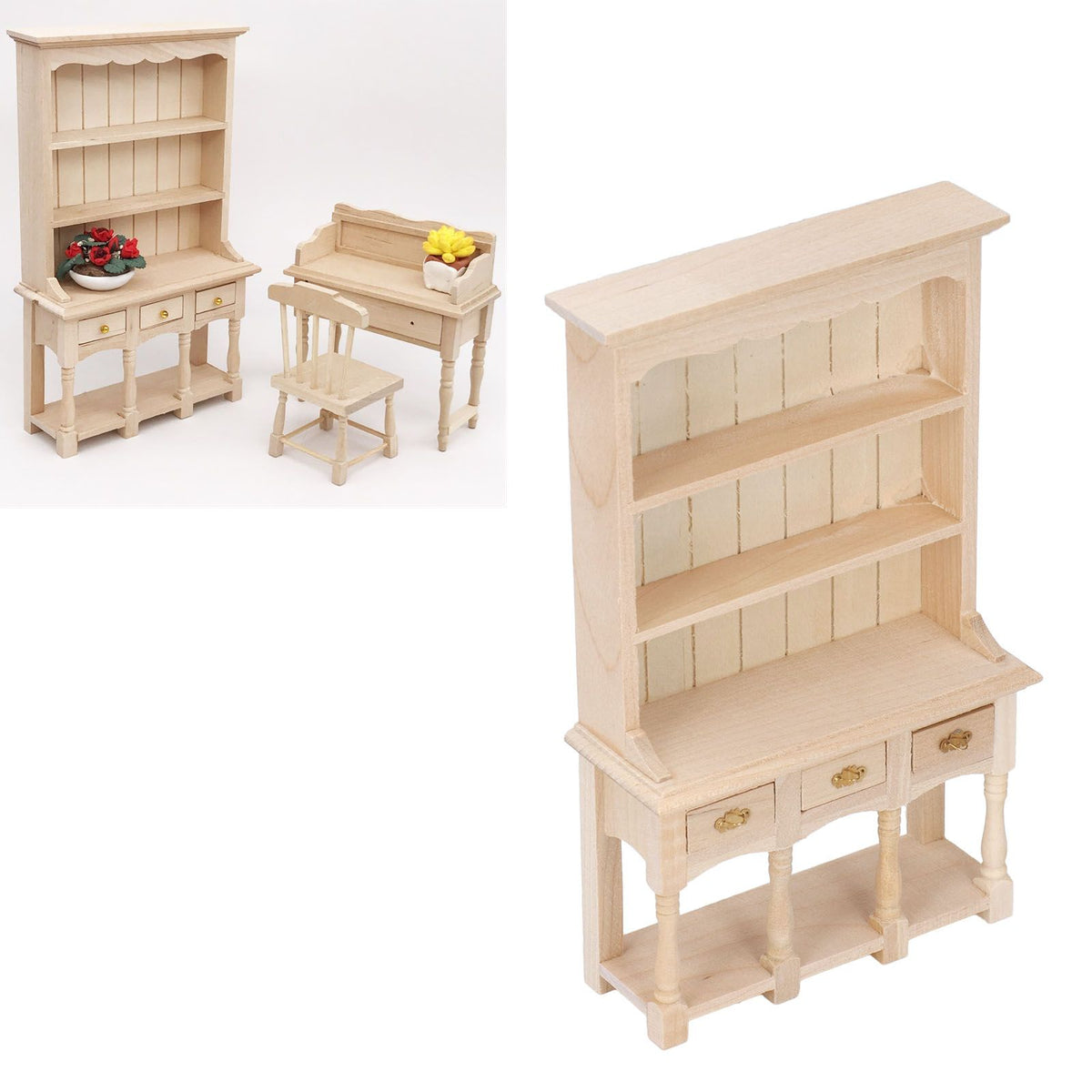 Dollhouse Bookshelf 1/12 Scale 3 Layer Drawer Design Classic Pure Colors DIY Coloring Miniature Bookcase for Gift