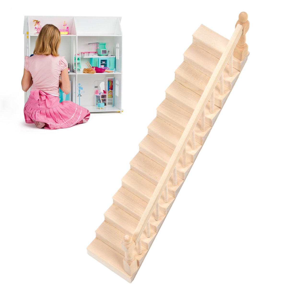 Doll House Stairs Glossy Rounded Corners Birch Material DIY Vivd Cute 1/12 Scale Miniature Staircase for CraftsRight