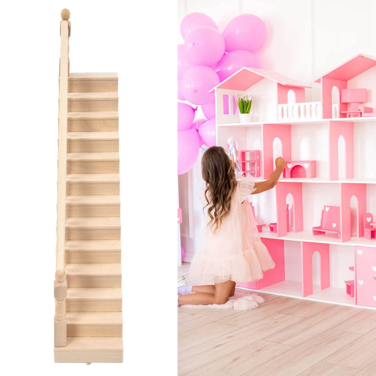 Doll House Stairs Glossy Rounded Corners Birch Material DIY Vivd Cute 1/12 Scale Miniature Staircase for CraftsLeft