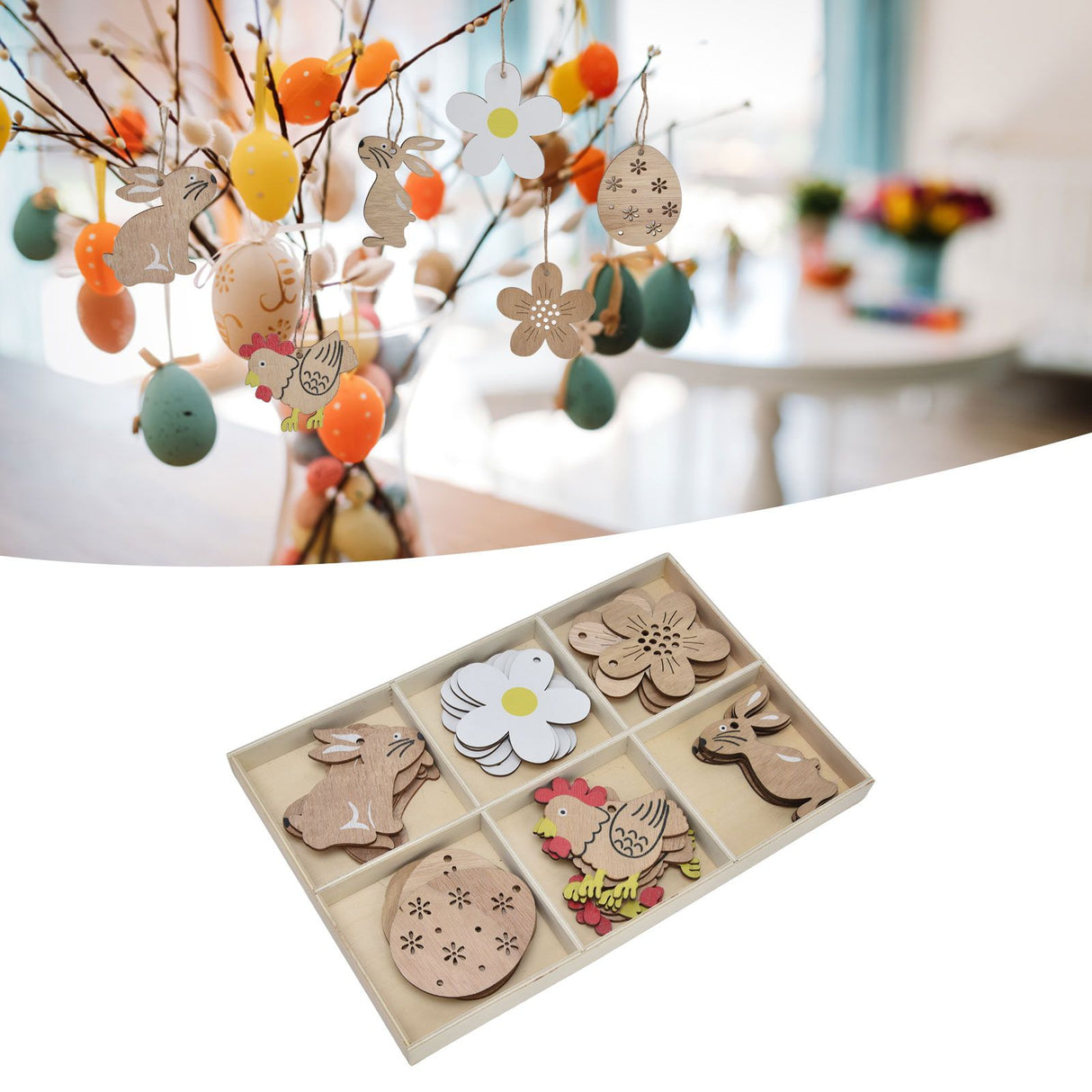 30Pcs Wooden Easter Pendant Bunny Flower Chicken Eggs Durable Wood Eye Catching Wooden Cutouts for DIY Decoration