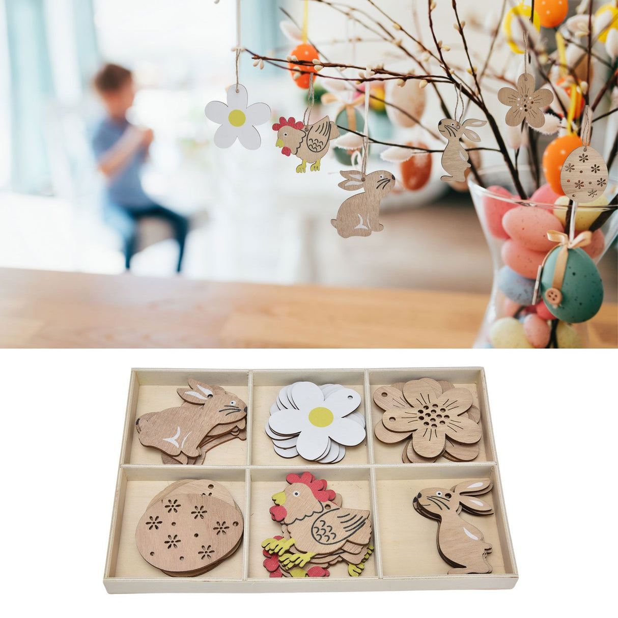 30Pcs Wooden Easter Pendant Bunny Flower Chicken Eggs Durable Wood Eye Catching Wooden Cutouts for DIY Decoration