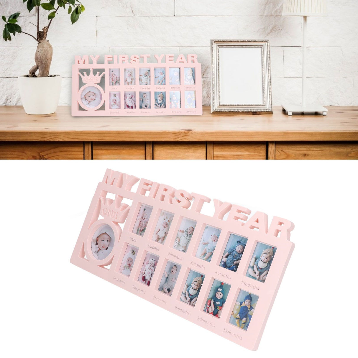 Newborn Photo Frame Durable Polished 12 Small Picture Frames Record Baby's Monthly Growth Baby Photo Frame for GiftPink