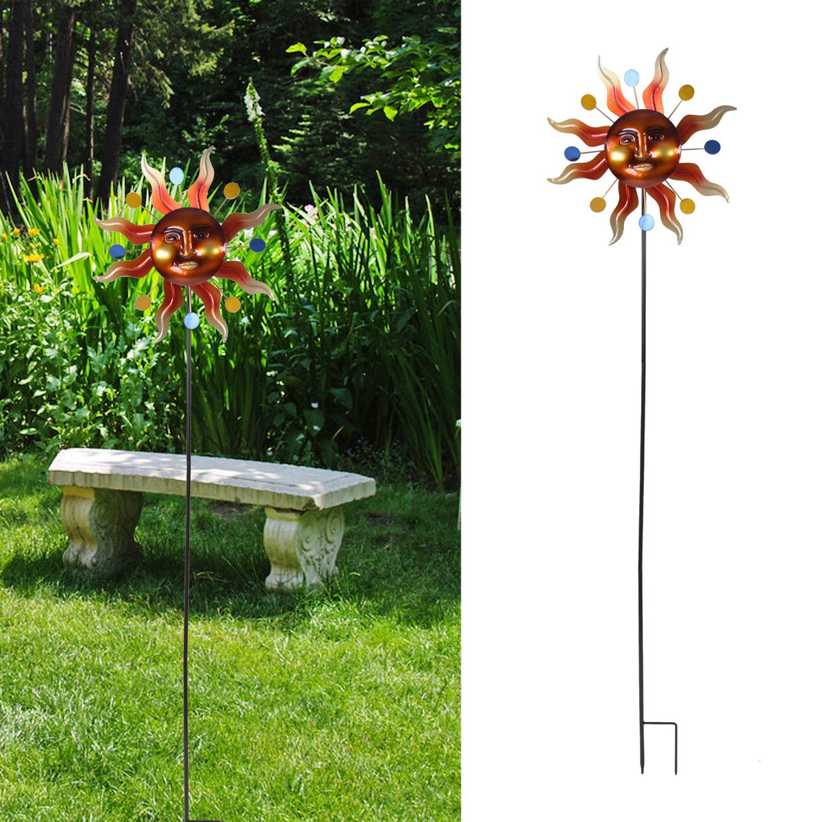 Sun Windmill Iron Weather Resistant Decorative Flower Wind Spinner with Ground Stake for Patio Yard Garden