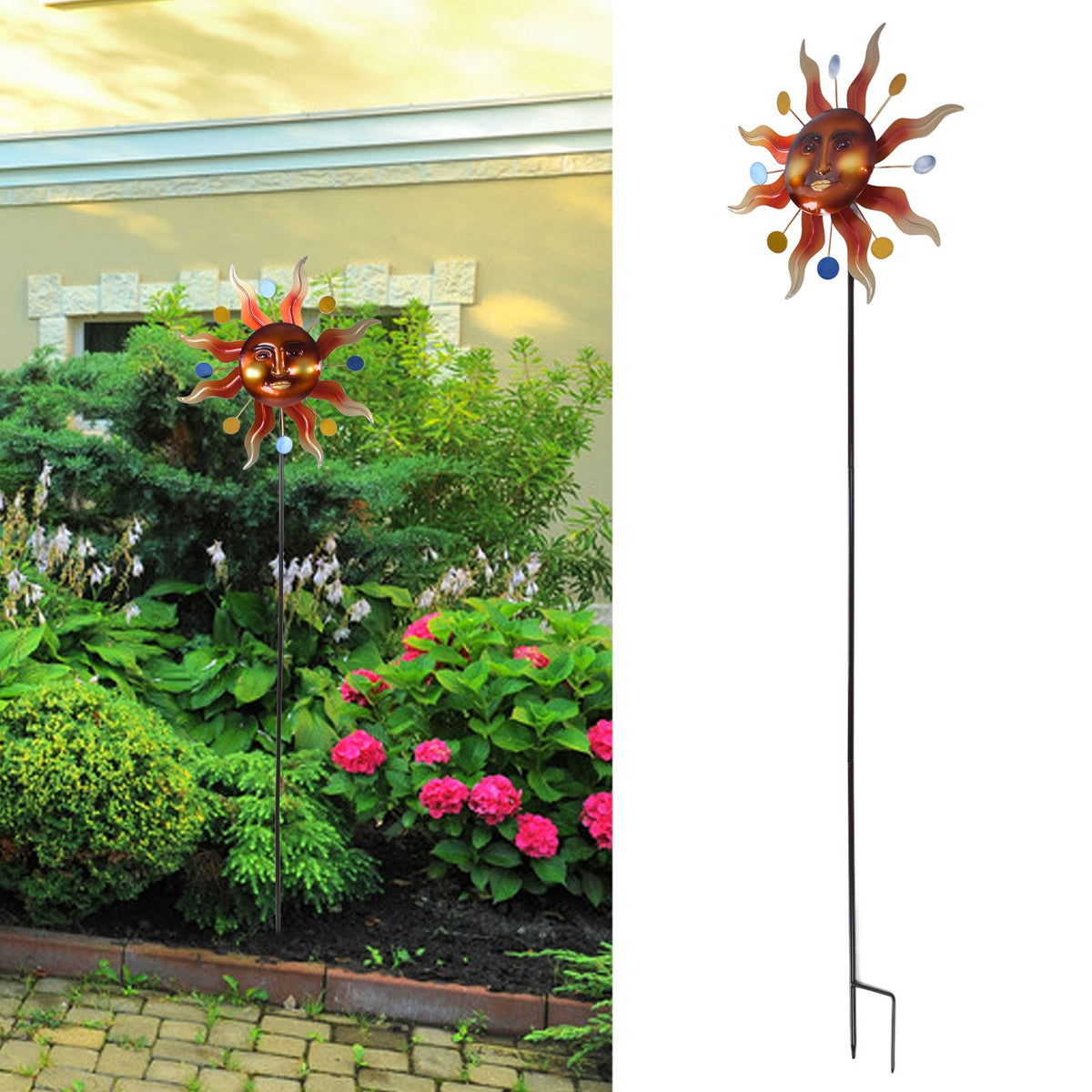 Sun Windmill Iron Weather Resistant Decorative Flower Wind Spinner with Ground Stake for Patio Yard Garden