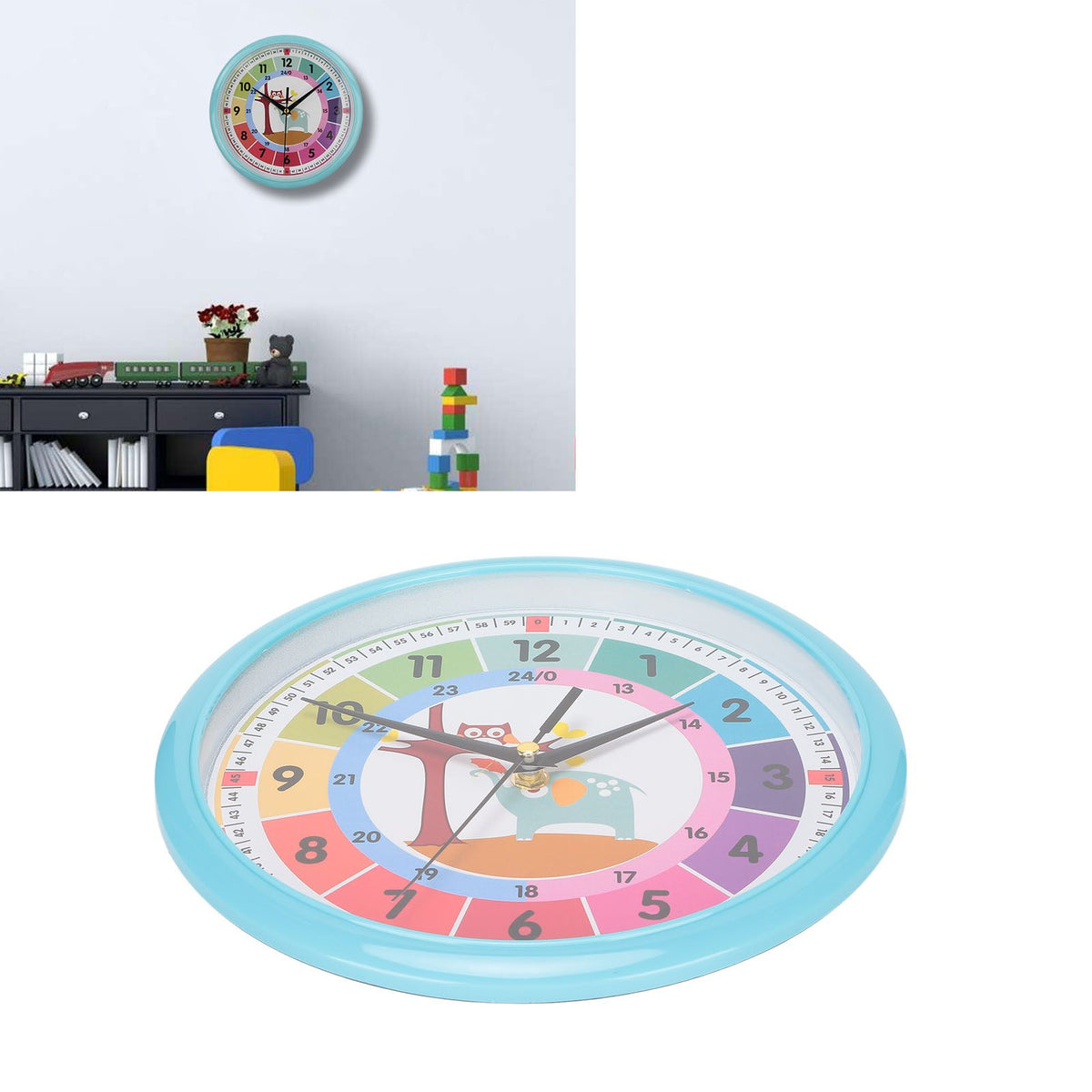 Wall Clock Plastic Cartoon Colorful Quartz Time Learning Hanging Clock for Kid's Bedroom ClassroomBlue
