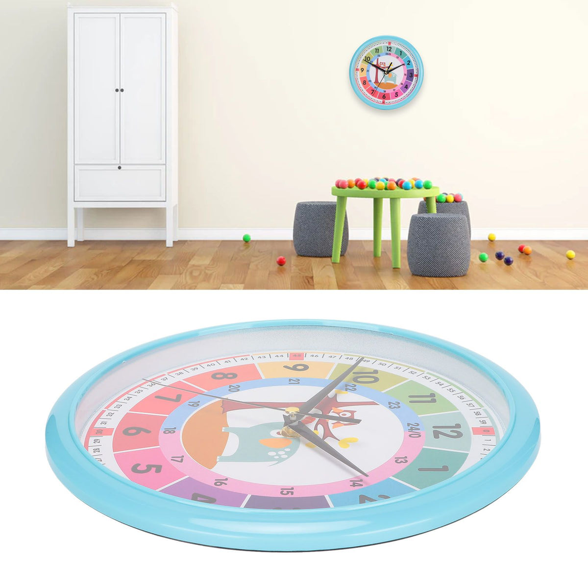 Wall Clock Plastic Cartoon Colorful Quartz Time Learning Hanging Clock for Kid's Bedroom ClassroomBlue