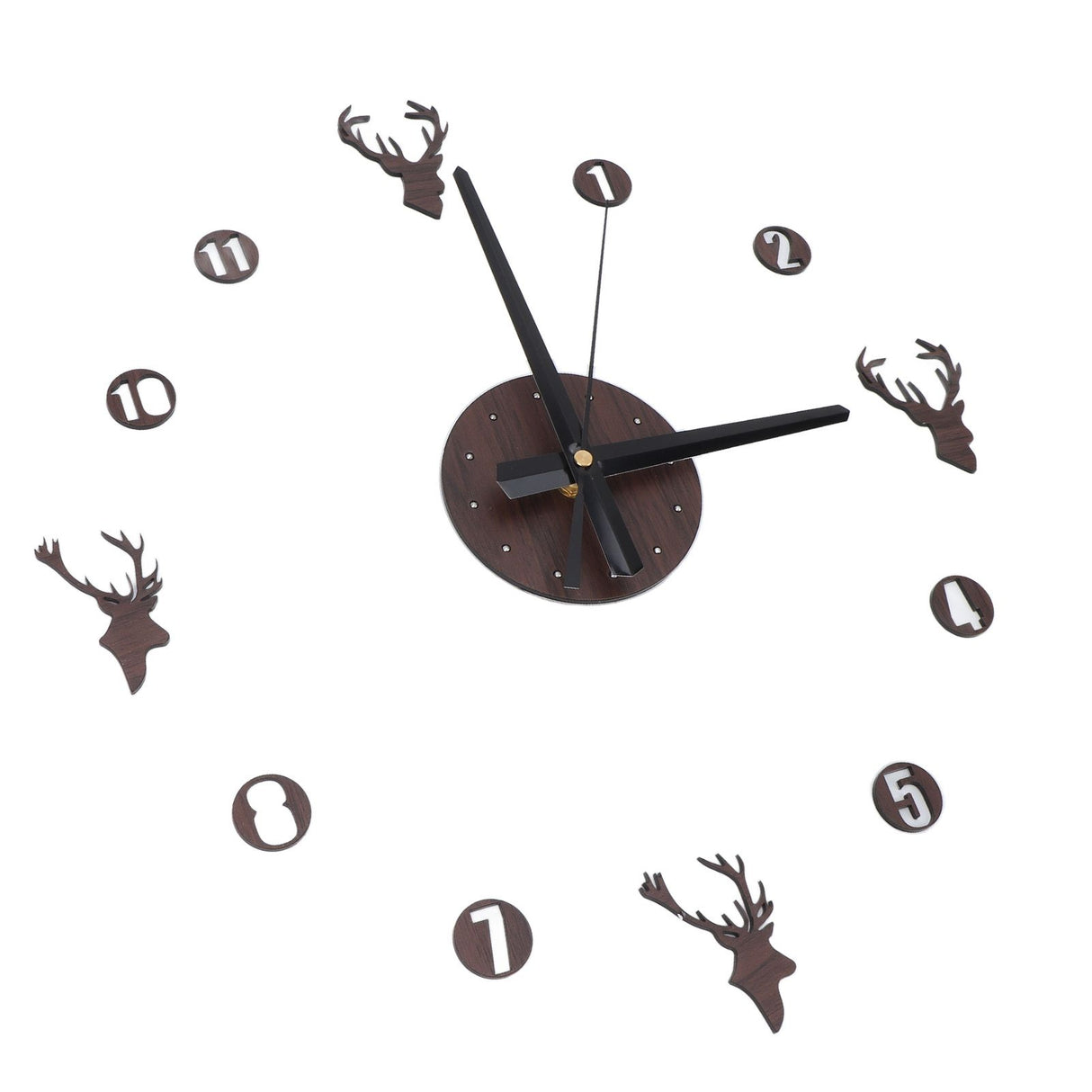 Frameless Wall Clock Deer Head 3D Effect Self Adhesive DIY Clock with Silent Movement for Living Room Bedroom Office