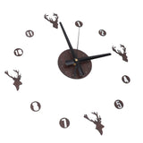 Frameless Wall Clock Deer Head 3D Effect Self Adhesive DIY Clock with Silent Movement for Living Room Bedroom Office