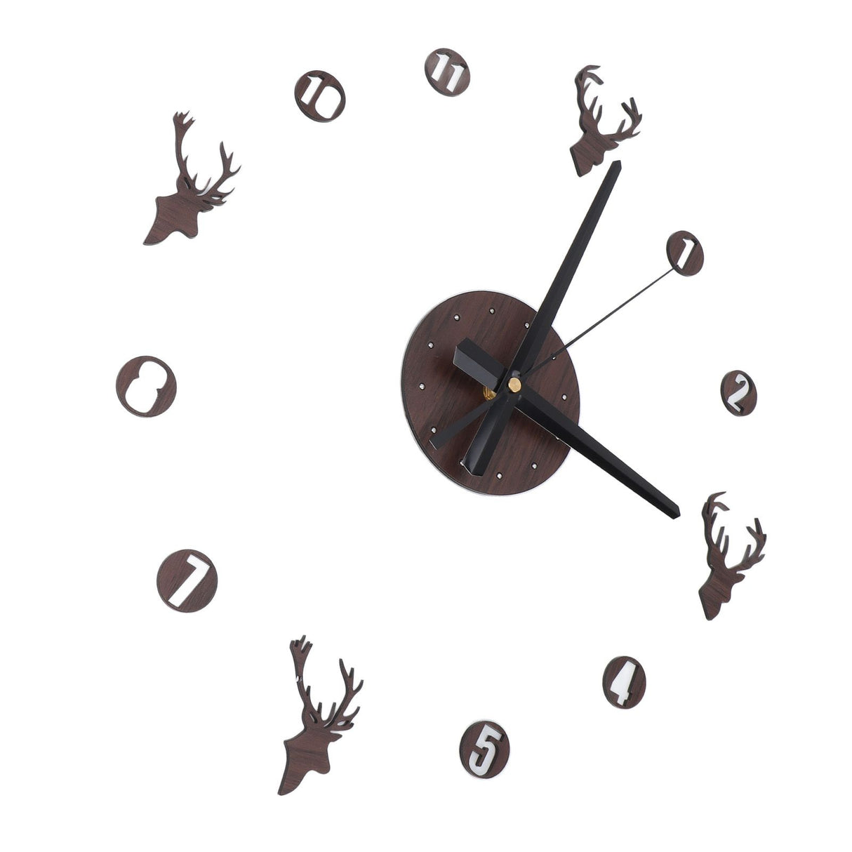 Frameless Wall Clock Deer Head 3D Effect Self Adhesive DIY Clock with Silent Movement for Living Room Bedroom Office