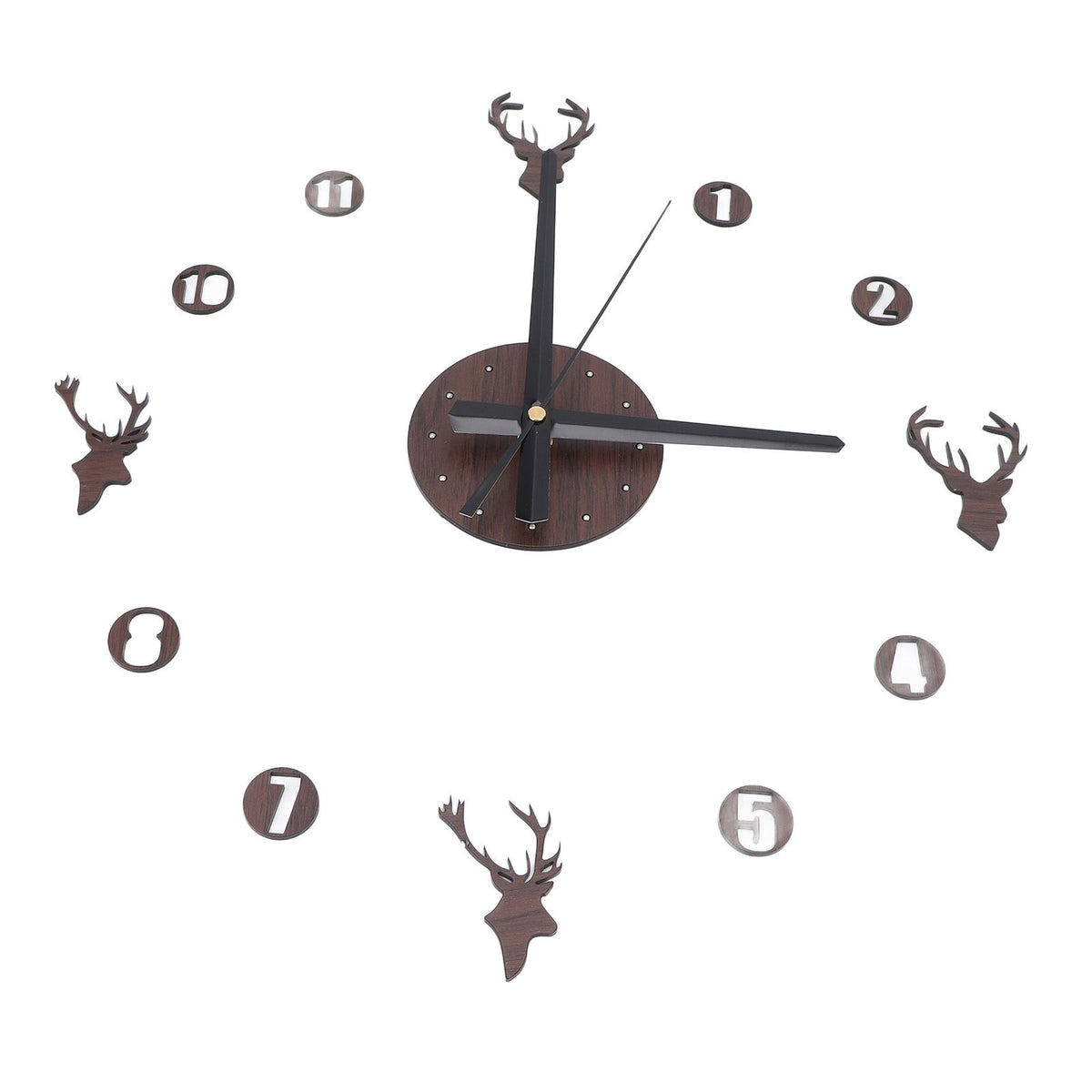 Frameless Wall Clock Deer Head 3D Effect Self Adhesive DIY Clock with Silent Movement for Living Room Bedroom Office