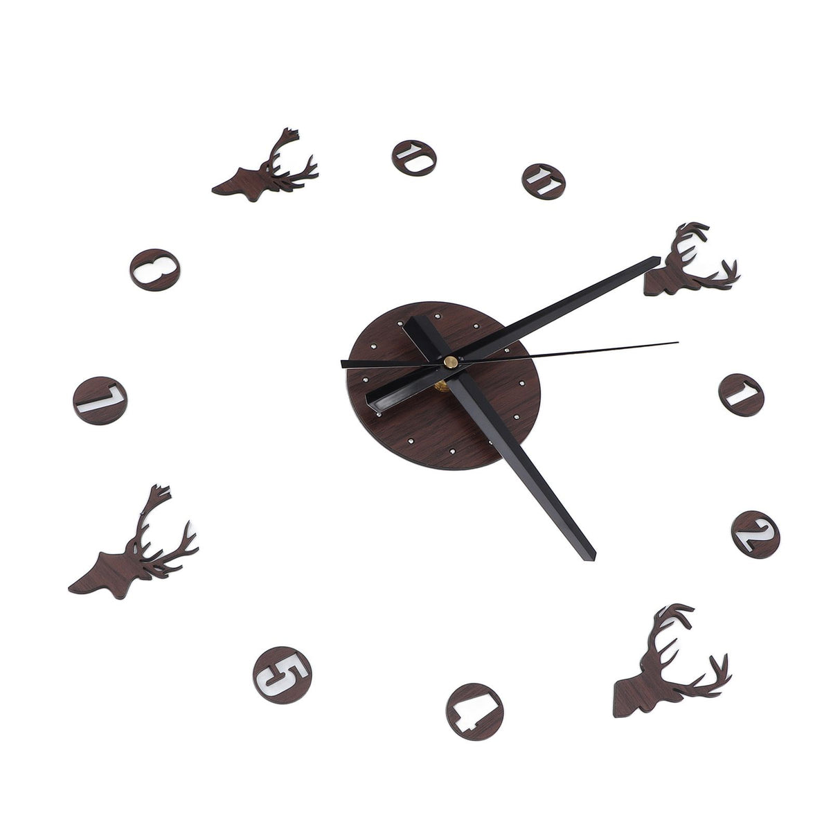 Frameless Wall Clock Deer Head 3D Effect Self Adhesive DIY Clock with Silent Movement for Living Room Bedroom Office
