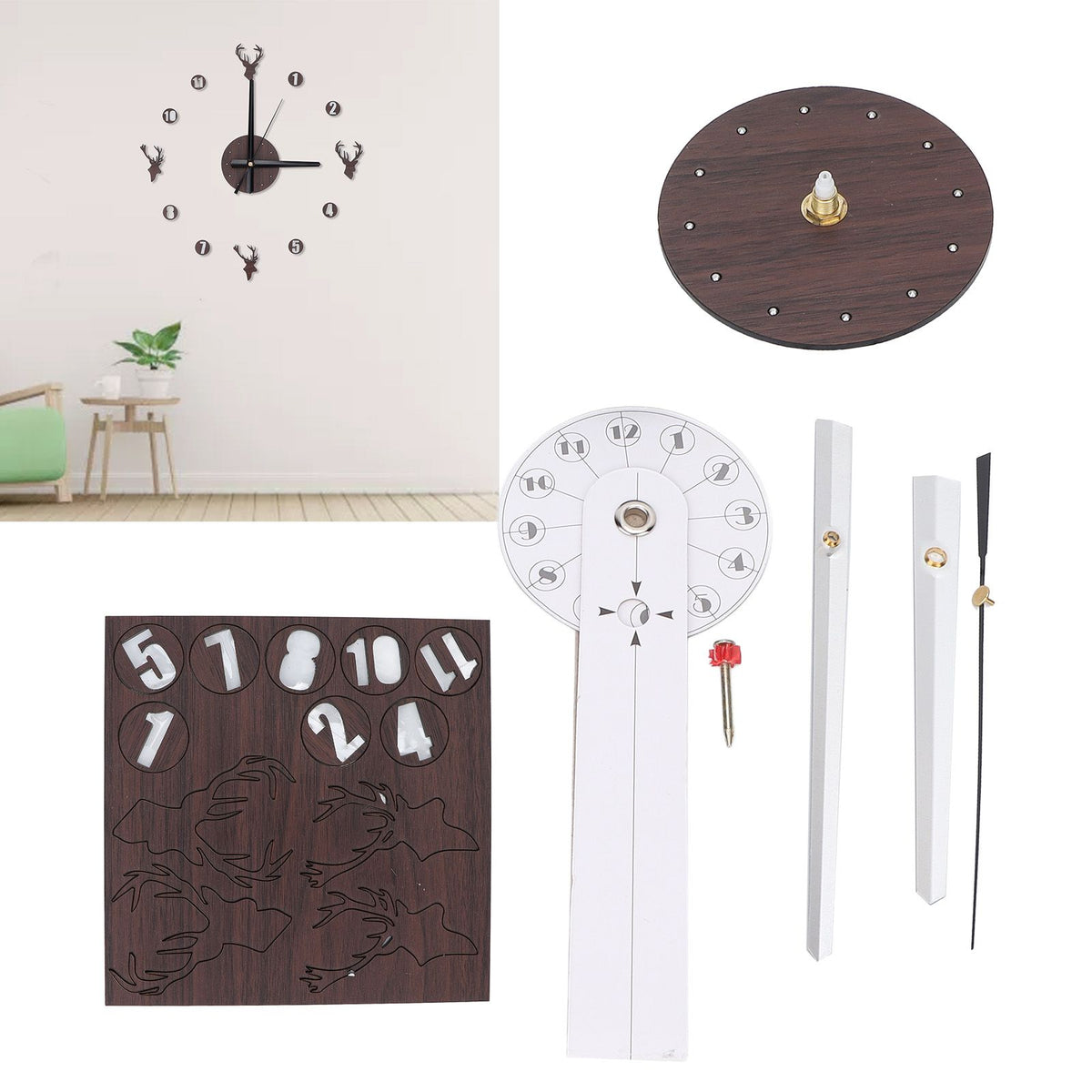 Frameless Wall Clock Deer Head 3D Effect Self Adhesive DIY Clock with Silent Movement for Living Room Bedroom Office