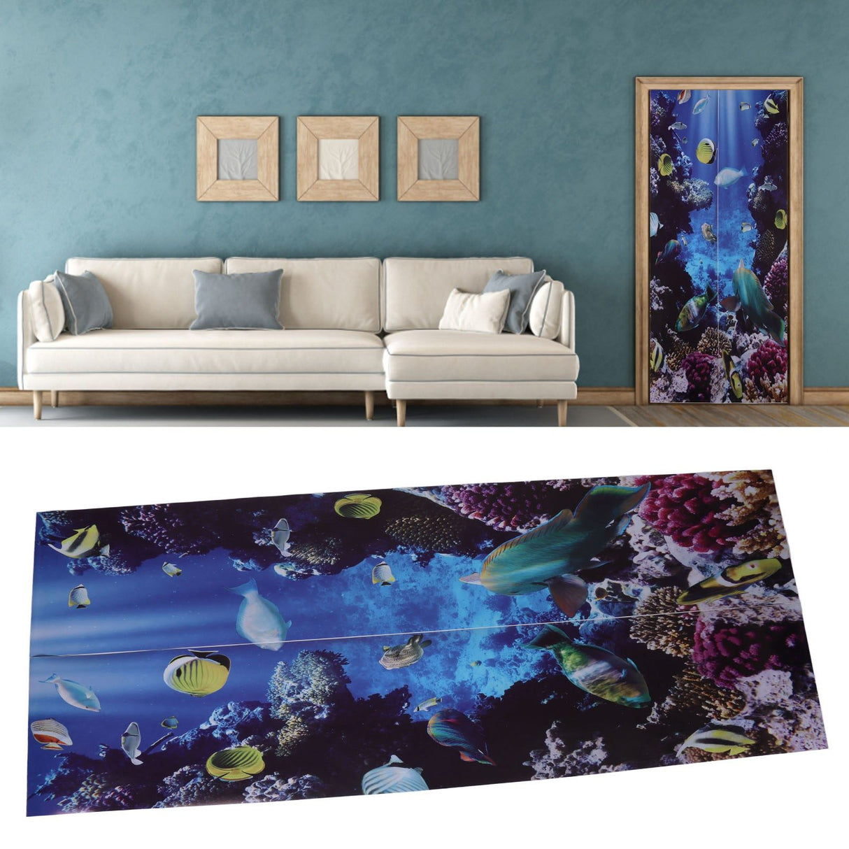 2pcs Door Sticker Underwater World Pattern Frosted Texture Self Adhesive Waterproof 3D Door Poster for Home