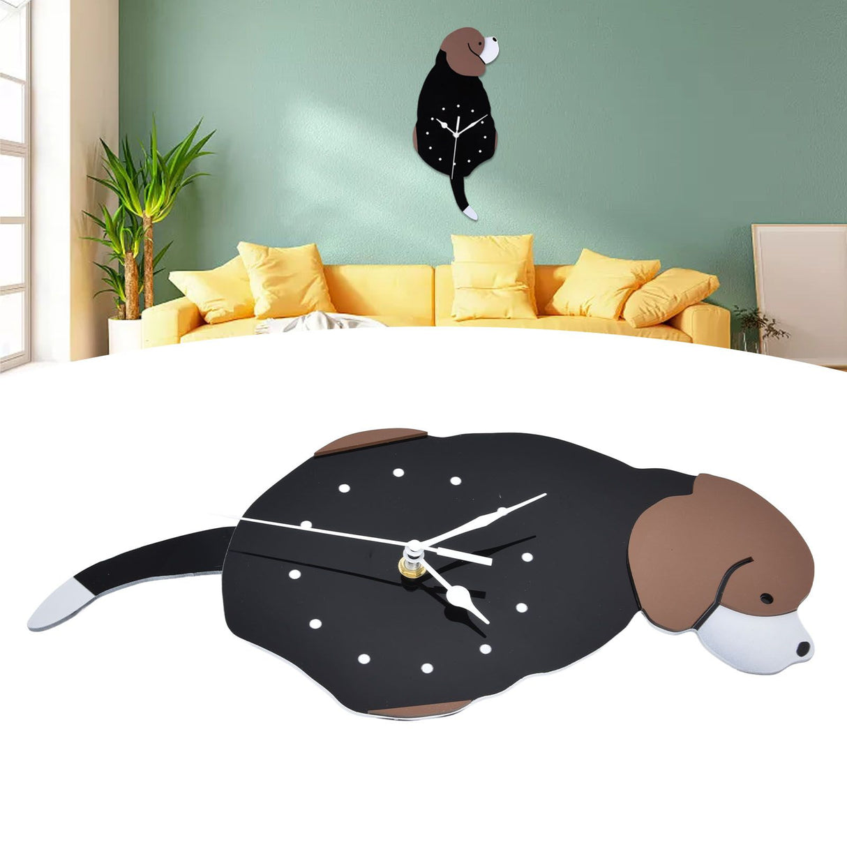 Wall Clock Self Adhesive Waterproof 3D Effect Silent Movement Dog Wall Clock with Tail for Window Living Room Wardrobes