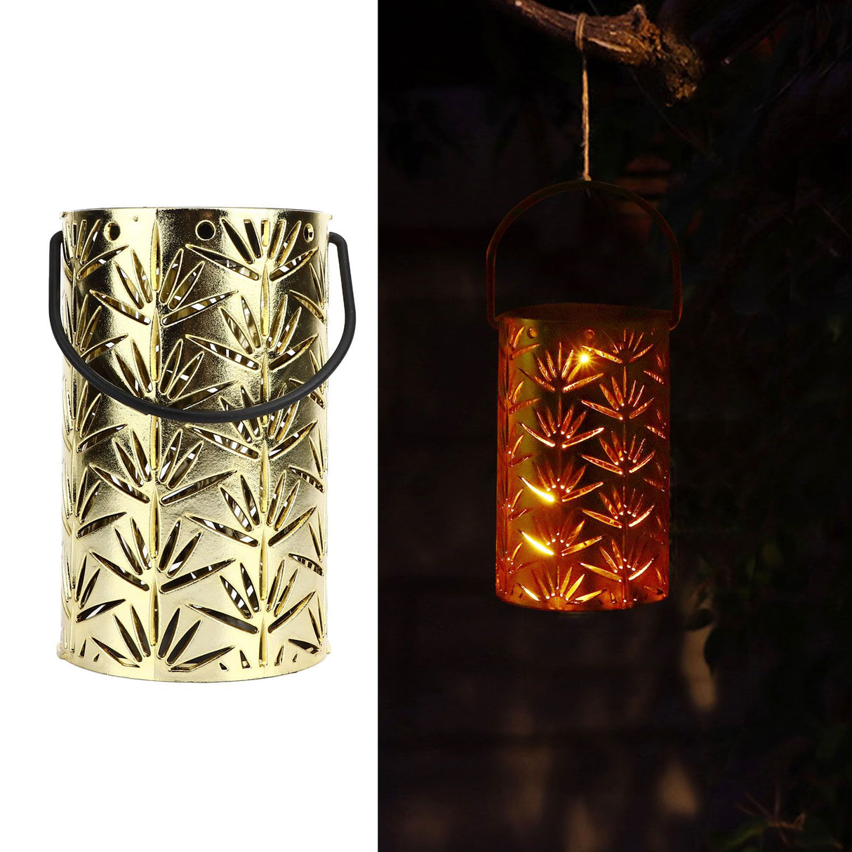 LED Hanging Lantern with Leaf Hollow Pattern Portable Fireplace Lamp for Party House Yard Decoration Gold