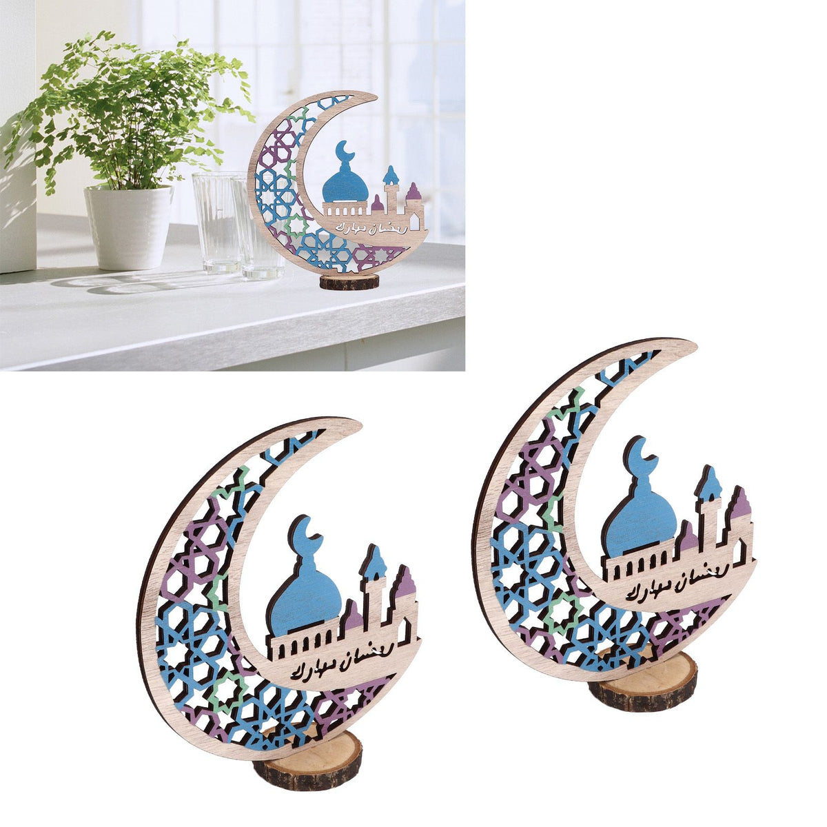 Wood Moon Ornaments Eid Mubarak Moon Decoration Enhances Festival Ambient for Home Restaurant CafeJM00444