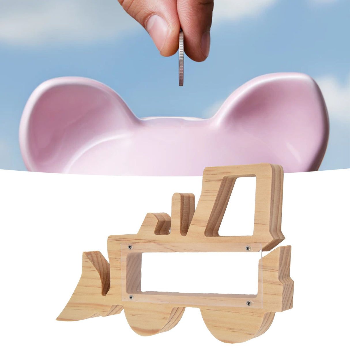 Piggy Bank for Kids Cute Forklift Transparent Wooden Piggy Bank Hollow Out Recyclable Coin Bank for Home Decoration