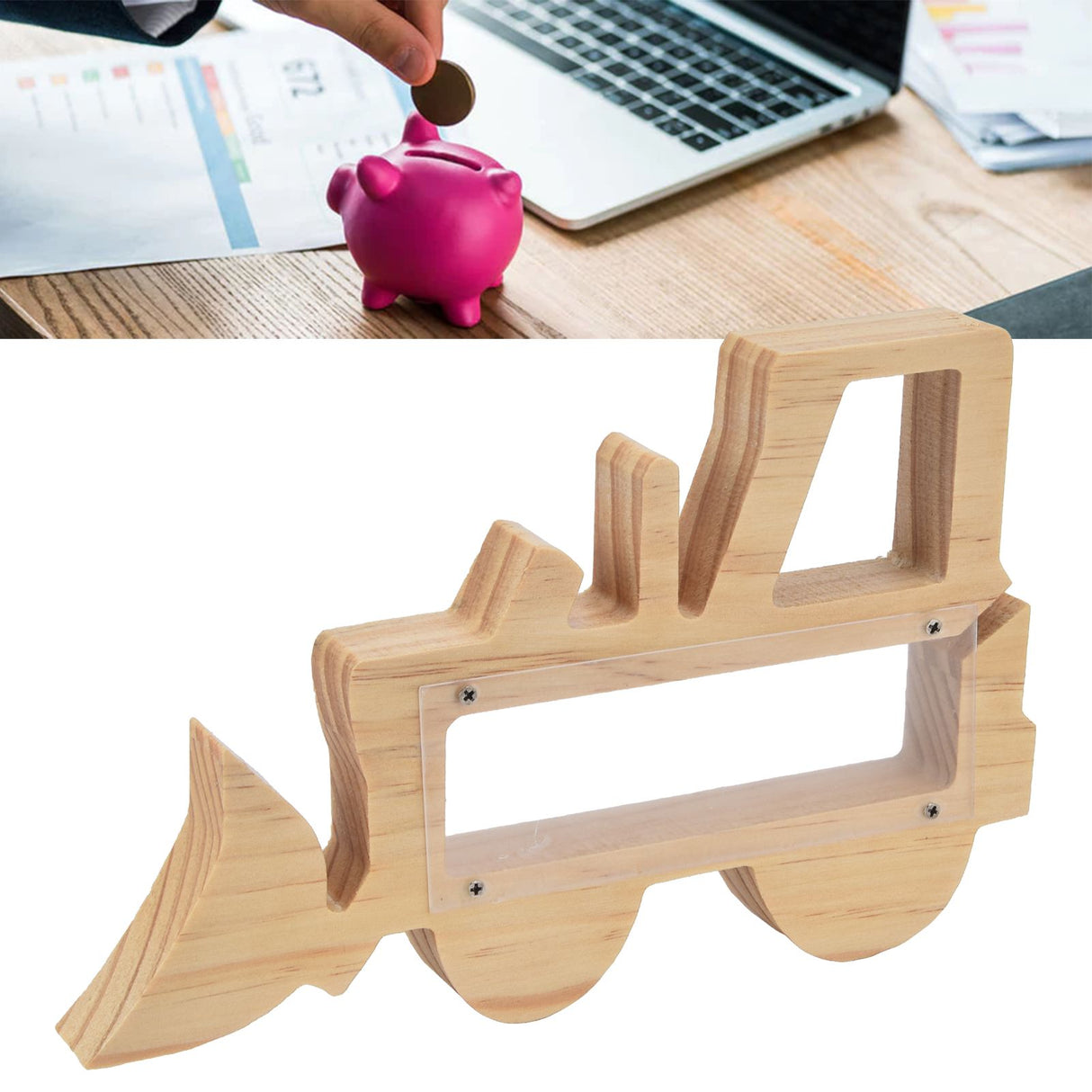 Piggy Bank for Kids Cute Forklift Transparent Wooden Piggy Bank Hollow Out Recyclable Coin Bank for Home Decoration