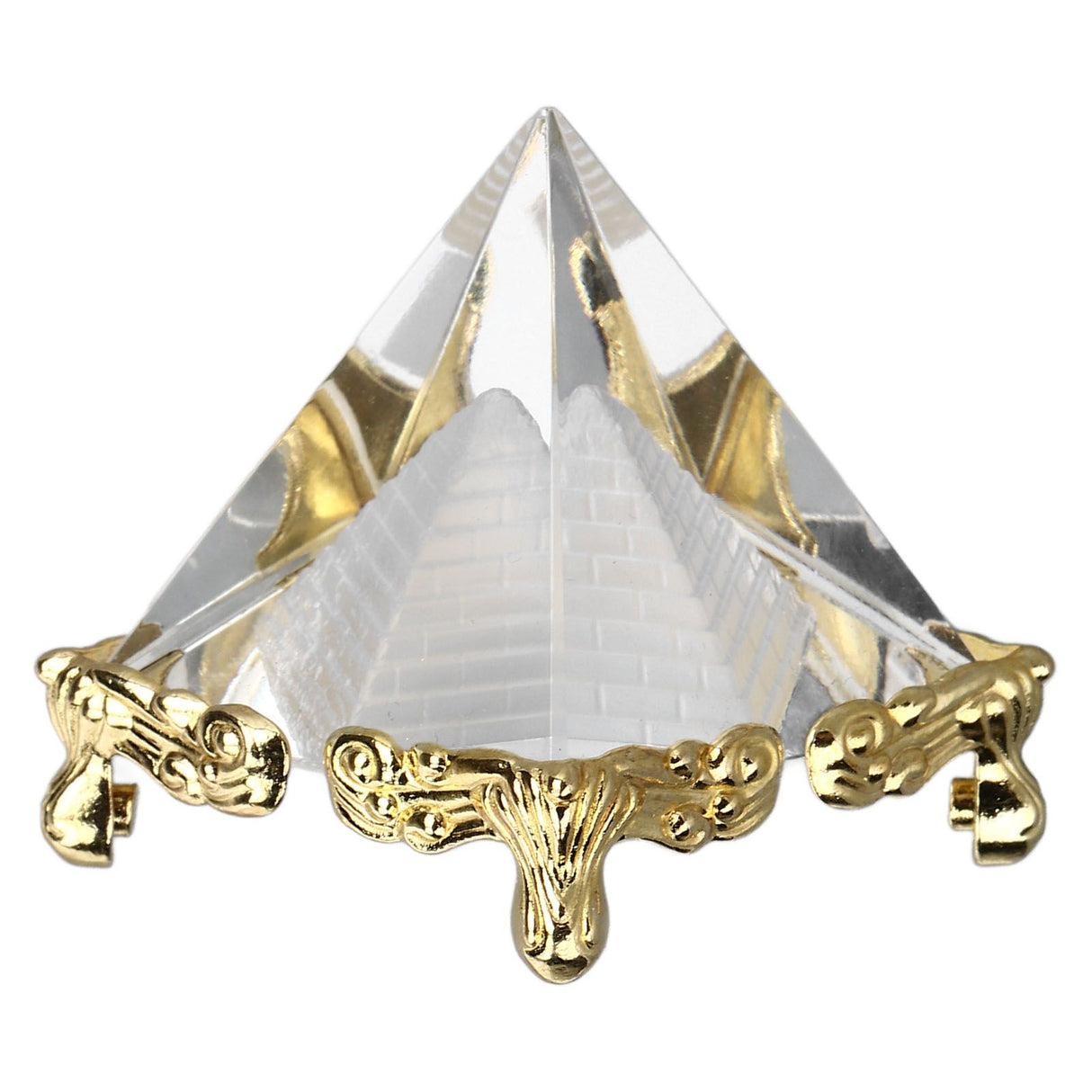 4cm Pyramid Prism Meditation Crystal Carved Pyramid Ornament with Gold Stand for Home Office Art Decor