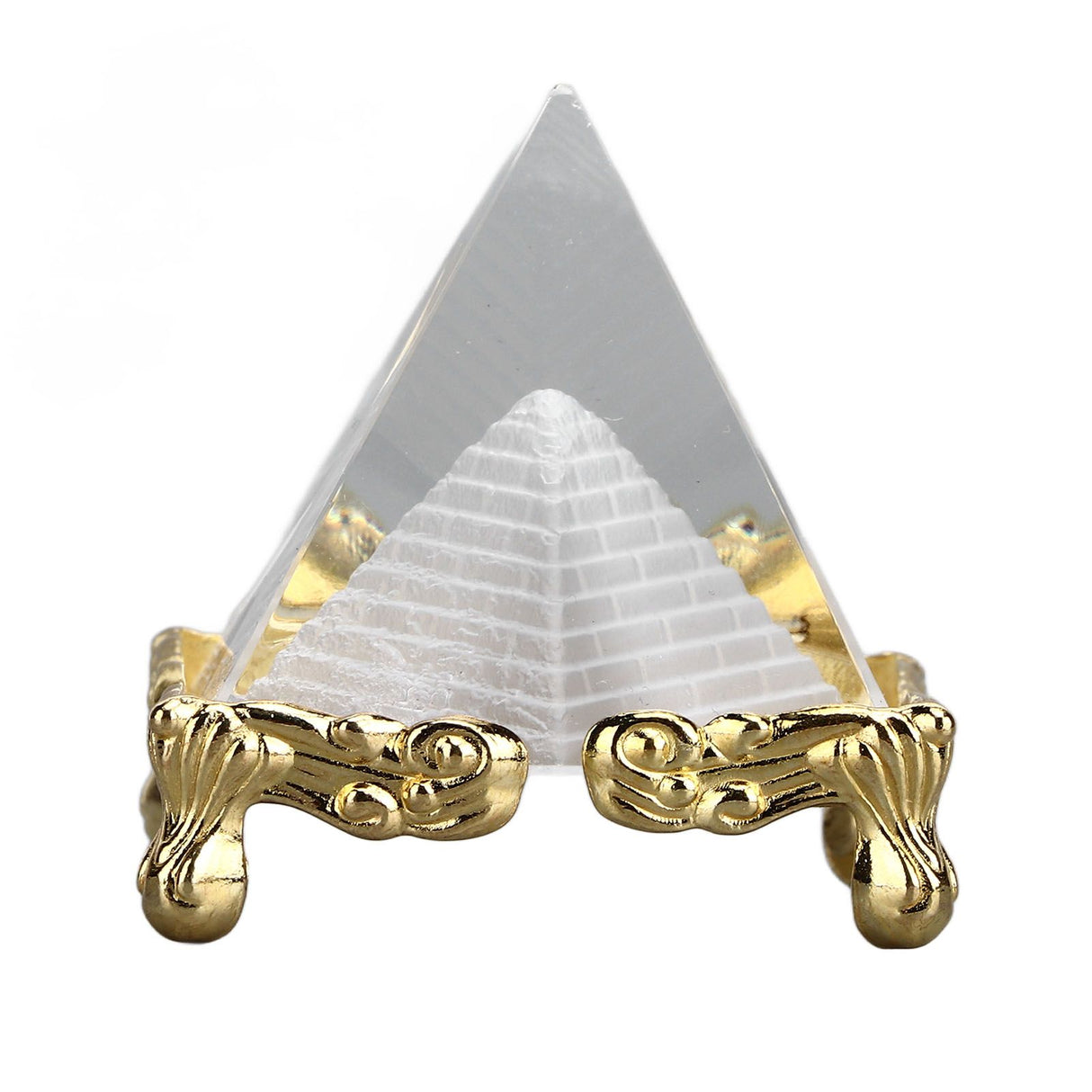 4cm Pyramid Prism Meditation Crystal Carved Pyramid Ornament with Gold Stand for Home Office Art Decor