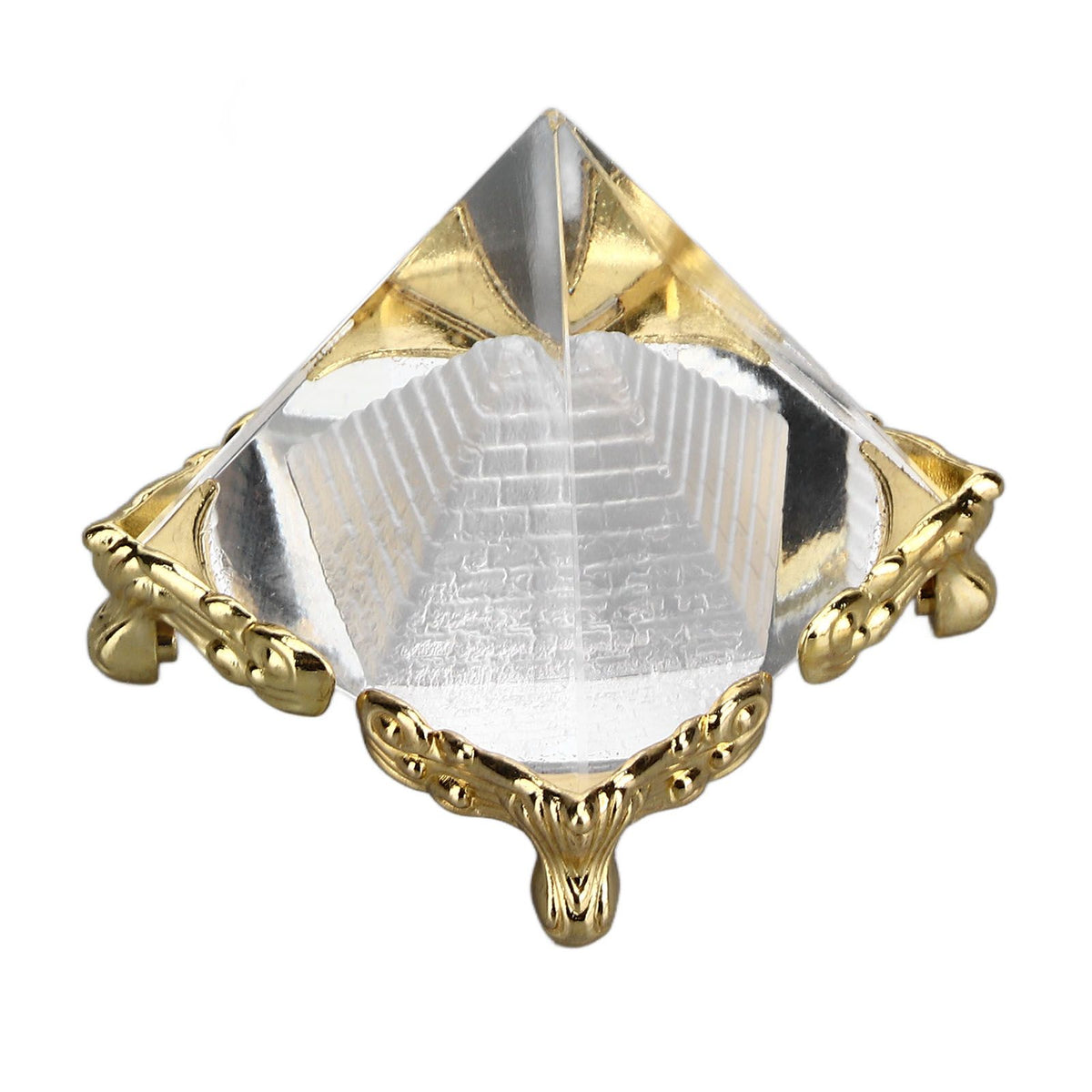 4cm Pyramid Prism Meditation Crystal Carved Pyramid Ornament with Gold Stand for Home Office Art Decor
