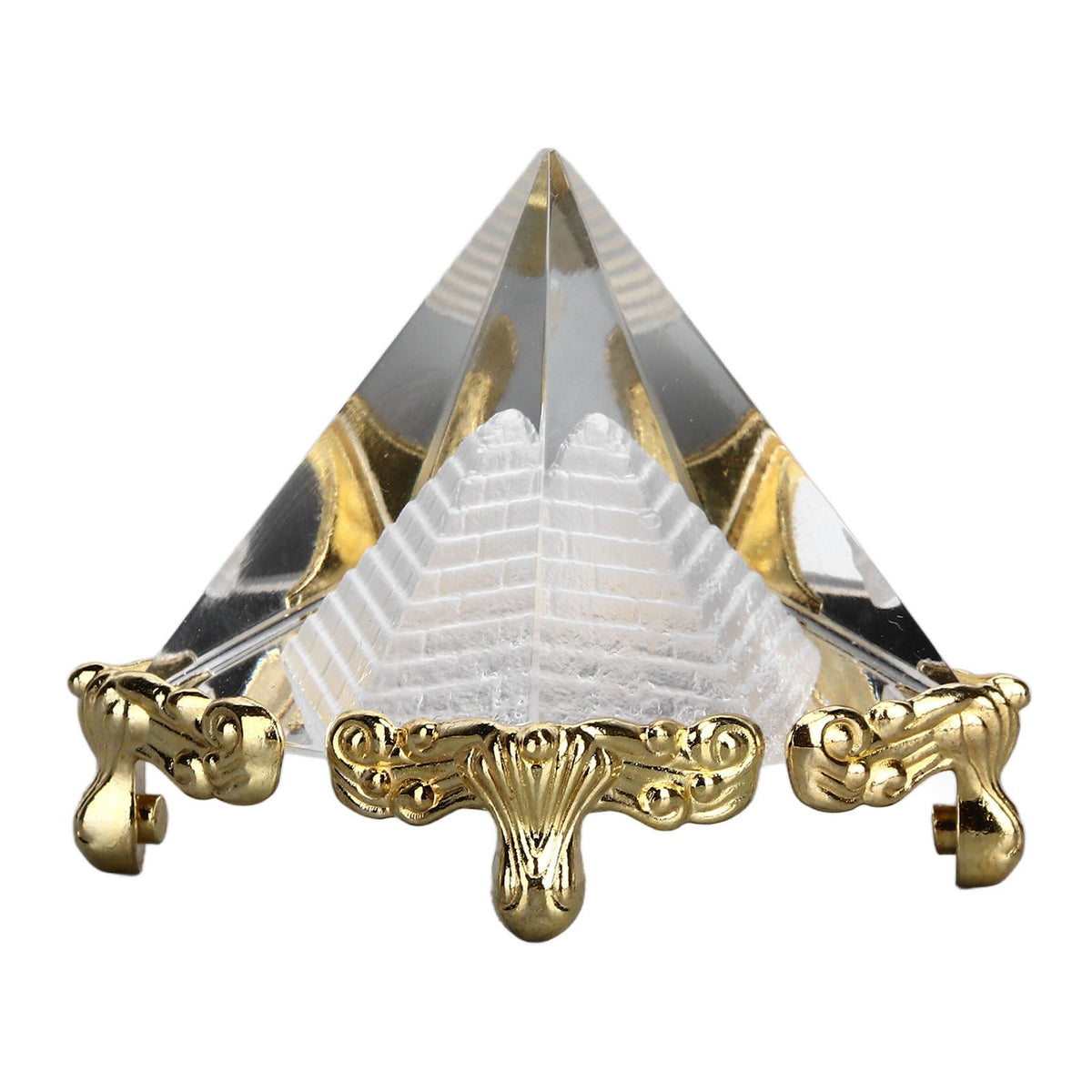 4cm Pyramid Prism Meditation Crystal Carved Pyramid Ornament with Gold Stand for Home Office Art Decor