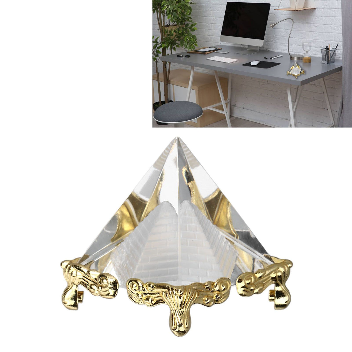 4cm Pyramid Prism Meditation Crystal Carved Pyramid Ornament with Gold Stand for Home Office Art Decor
