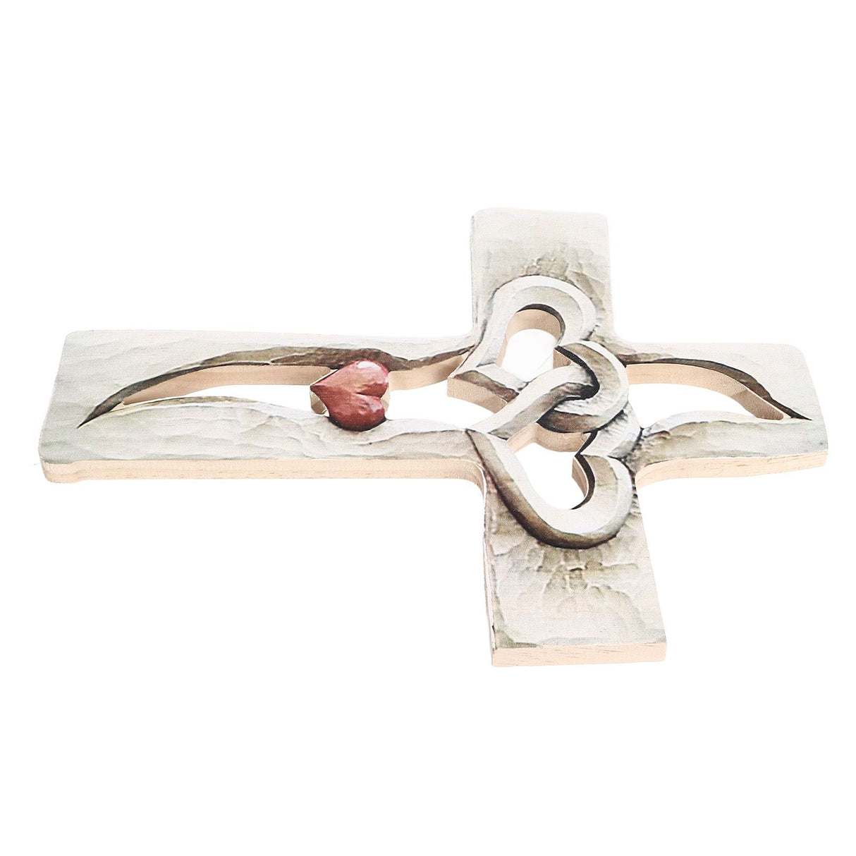 Carved Wooden Cross Intertwined Hearts Wall Hanging Hand Carved Wood Cross for Living Room Study Bedroom Office Decor Red Heart Pattern