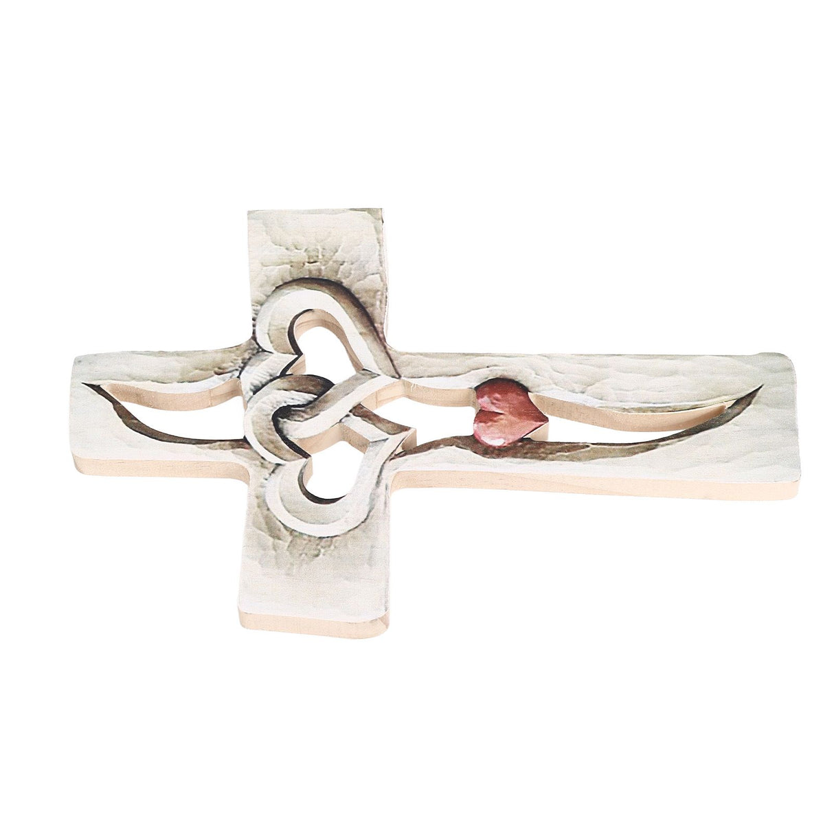 Carved Wooden Cross Intertwined Hearts Wall Hanging Hand Carved Wood Cross for Living Room Study Bedroom Office Decor Red Heart Pattern