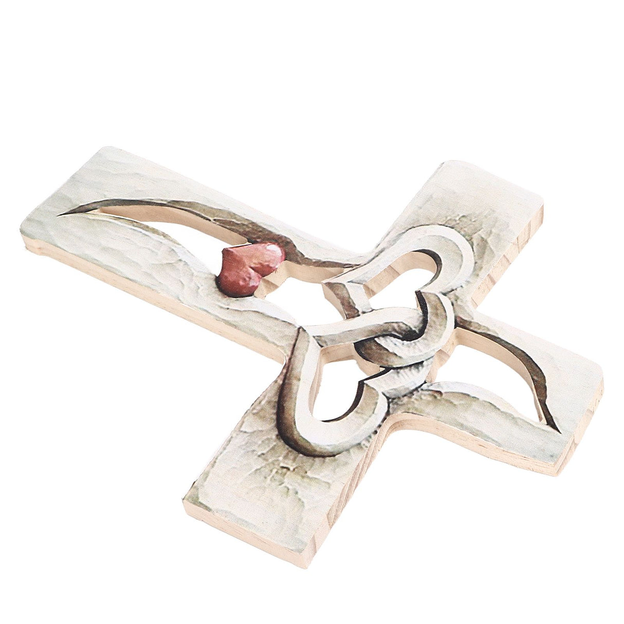 Carved Wooden Cross Intertwined Hearts Wall Hanging Hand Carved Wood Cross for Living Room Study Bedroom Office Decor Red Heart Pattern