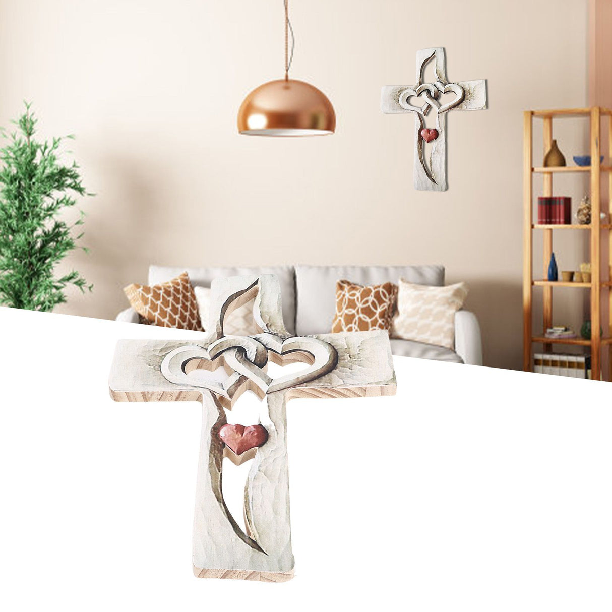 Carved Wooden Cross Intertwined Hearts Wall Hanging Hand Carved Wood Cross for Living Room Study Bedroom Office Decor Red Heart Pattern